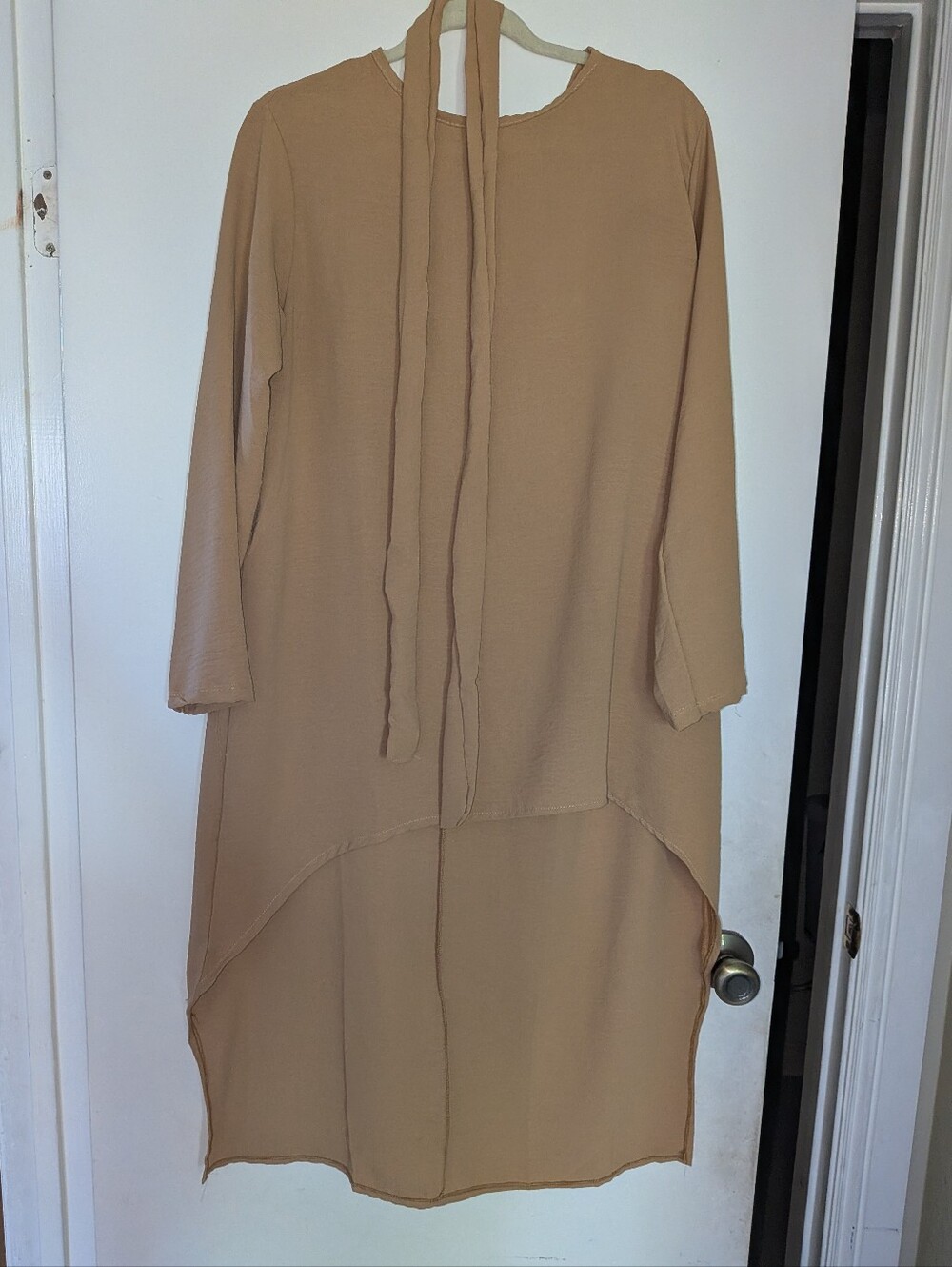 Por La Cara Modest Camel Long Sleeve Asymmetrical Top With Matching Pant